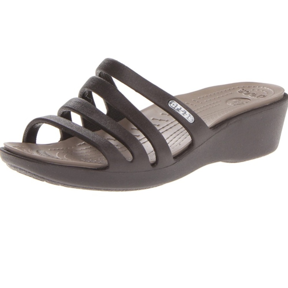 Crocs womens rhonda wedge sandal size 7 color espresso/ mushroom